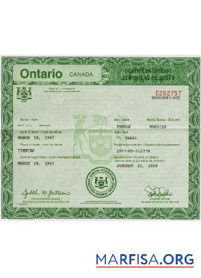 Downloadable Canada Ontario death certificate example